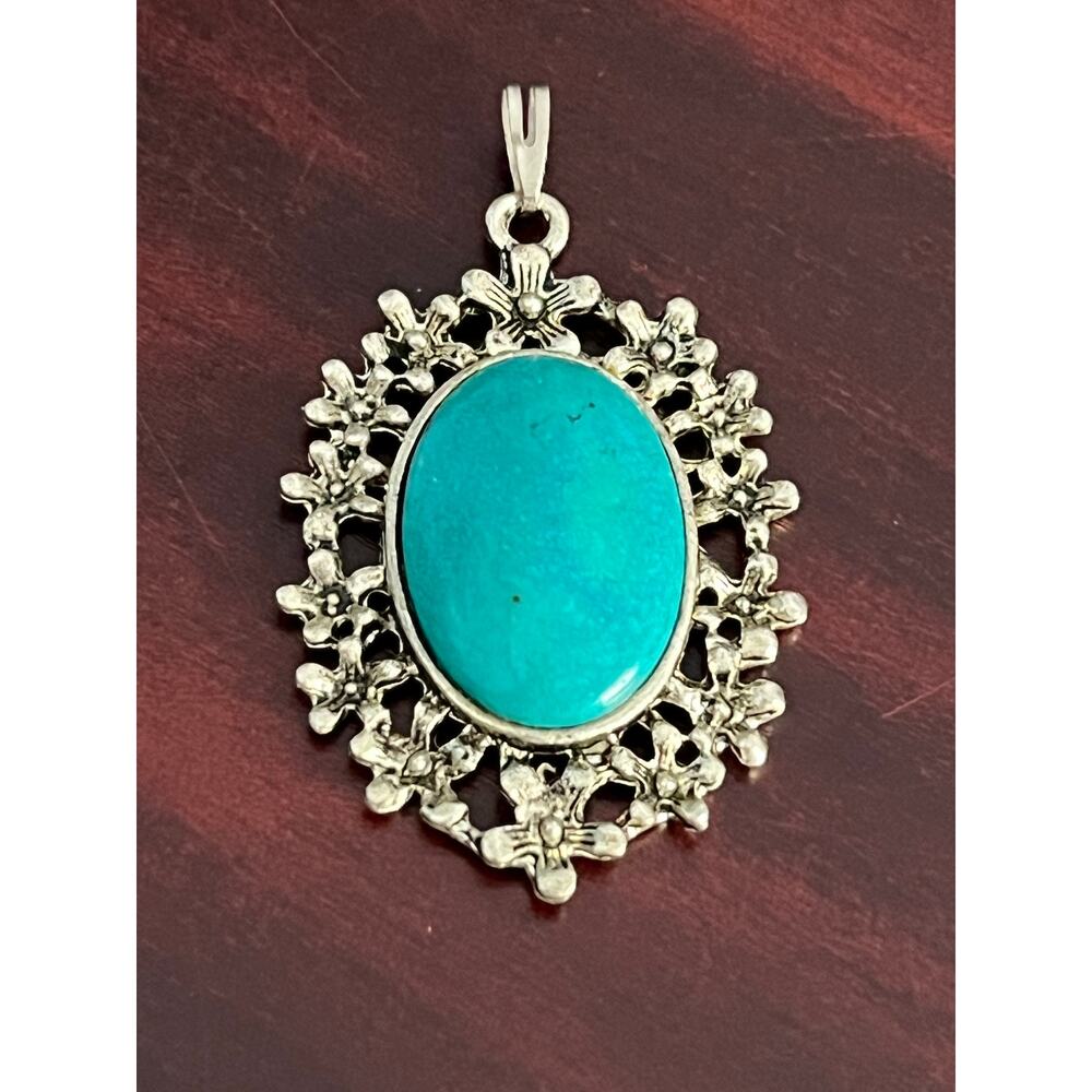 Floral Silver Toned Turquoise Necklace Pendant Boho Western Rodeo